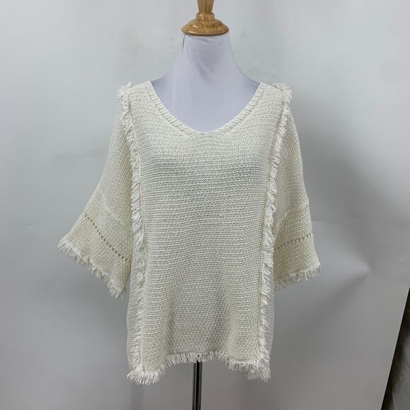 Lou & Grey Textured Weave Fringe Shirt Womens M Medium Cream Boho Mid Sleeve Top - Picture 2 of 11